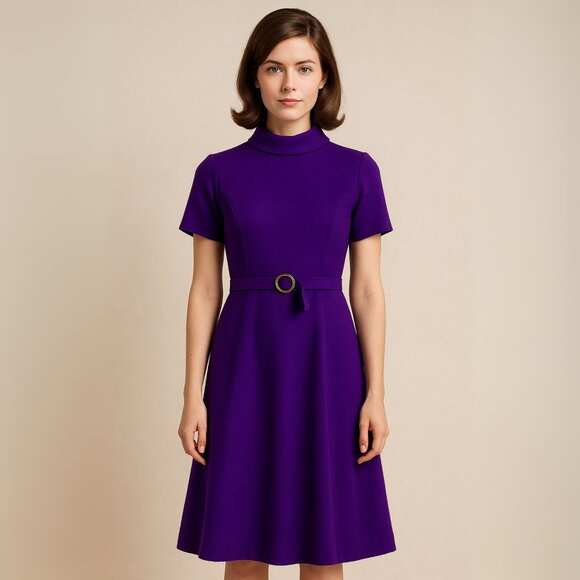 VINTAGE Dresses & Skirts - VINTAGE 1960s Mad Men Mod Jackie-O Style Purple A Line Dress with Suede Buckle